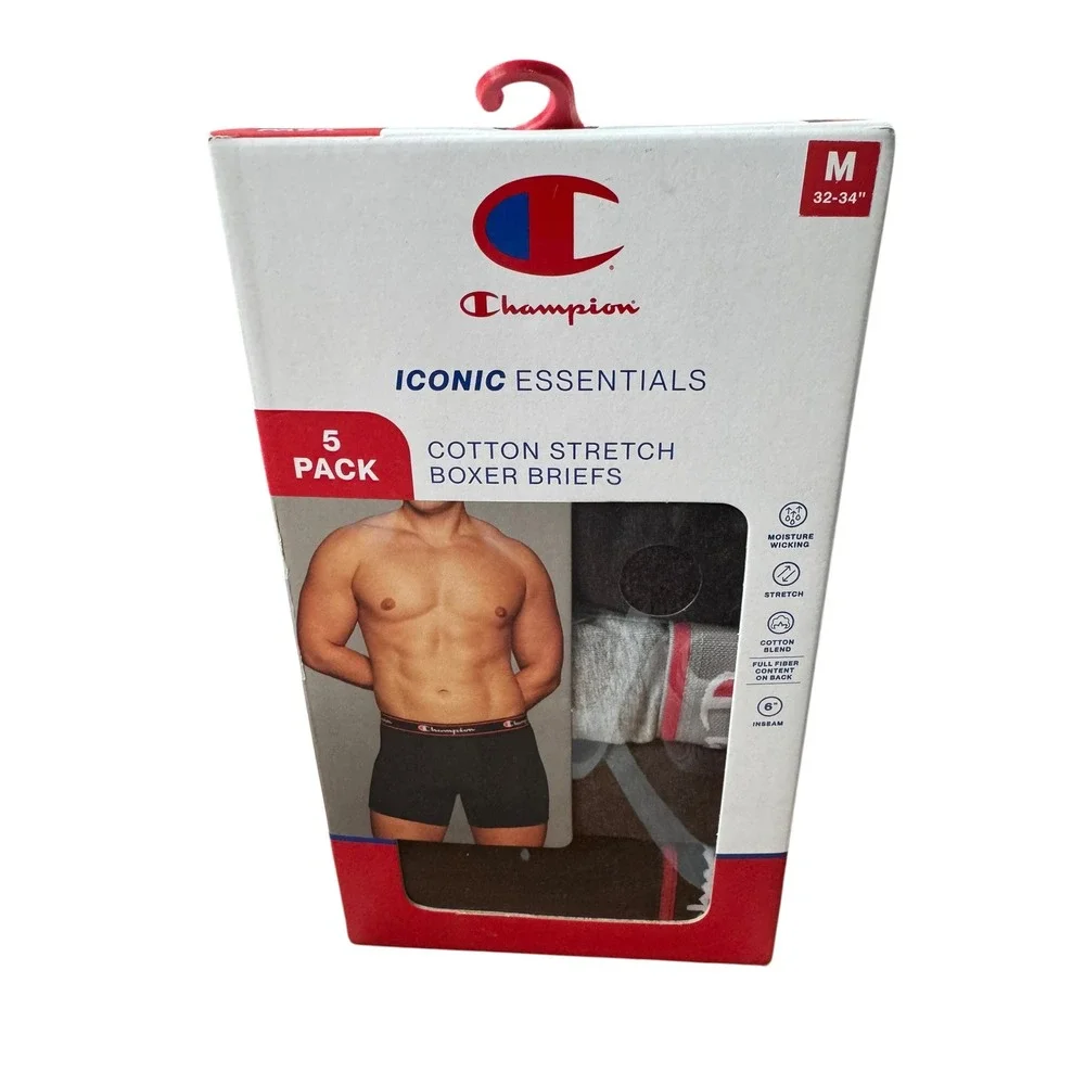 Champion Mens Iconic Essentials Cotton Stretch Boxer Briefs 5 Pack Assorted M